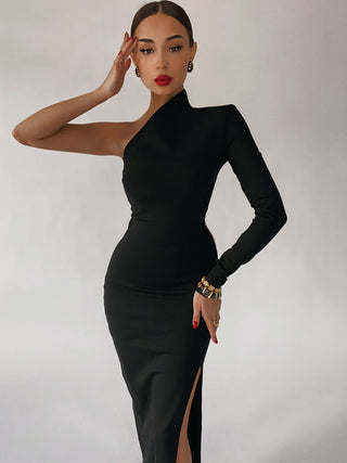 Long Elegant Dresses for Women Summer One Shoulder Maxi Dress Bodycon Sexy Black Slit Fomal Wedding Evening Party Dress 2022 ALODIA STORE