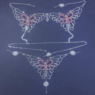Sexy Butterfly Rhinestone Chain Body Lingerie Set Jewelry for Women Crystal Pink Big butterfly body chain bra and thong harness ALODIA STORE