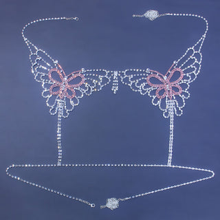 Sexy Butterfly Rhinestone Chain Body Lingerie Set Jewelry for Women Crystal Pink Big butterfly body chain bra and thong harness ALODIA STORE