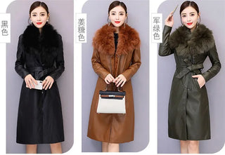 Long Leather Coat Female Outerwear With Belt M-4XL