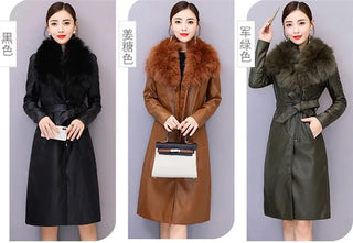 Women's Leather Velvet Warm Slim Big Fur Collar Long Leather Coat