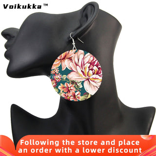 Voikukka Jewelry 6 CM Circle Floral Double-sided Printing Flowers Country Style Wooden Pendant Drop Fashion Earrings For Women