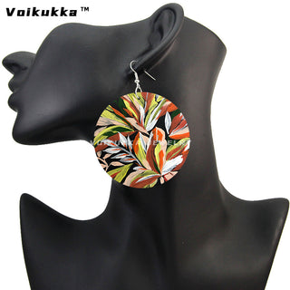 Voikukka Jewelry 6 CM Circle Floral Double-sided Printing Flowers Country Style Wooden Pendant Drop Fashion Earrings For Women