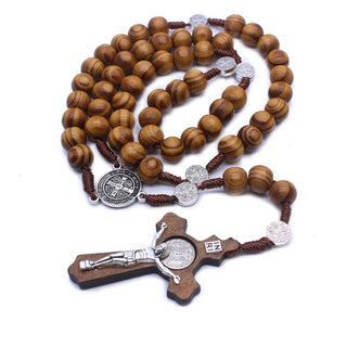 Fashion Style Handmade Fine Brown Catholic Jewelry Hand-woven Alloys Wooden Beads Cross Rosary Necklace Accessories Present