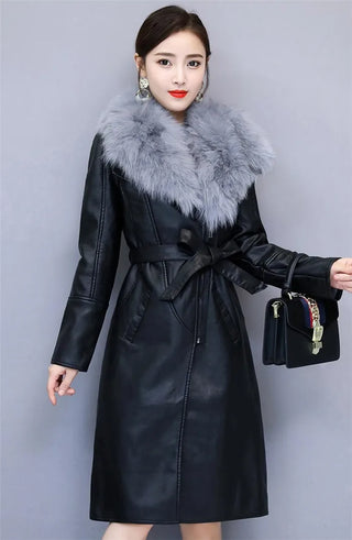 Long Leather Coat Female Outerwear With Belt M-4XL