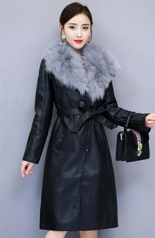 Women's Leather Velvet Warm Slim Big Fur Collar Long Leather Coat