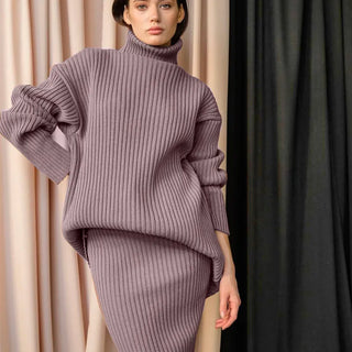 New Casual Two Pieces Turtle Neck Sweater and Midi Skirt Female Warm Suits with Skirt