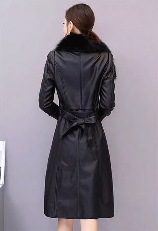 Women's Leather Velvet Warm Slim Big Fur Collar Long Leather Coat