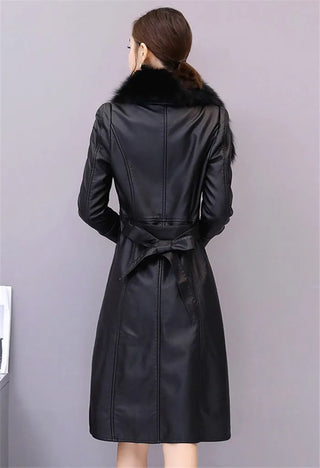 Long Leather Coat Female Outerwear With Belt M-4XL