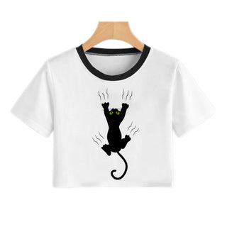 Moda d'estiu Harajuku Sexy Tank Top Crop Top Samarreta blanca Roba de dona de gat negre entremaliat de màniga curta de dibuixos animats