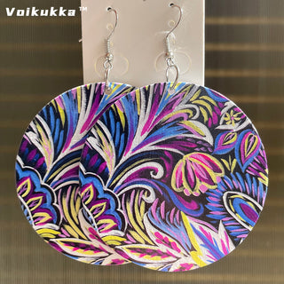 Voikukka Jewelry 6 CM Circle Floral Double-sided Printing Flowers Country Style Wooden Pendant Drop Fashion Earrings For Women