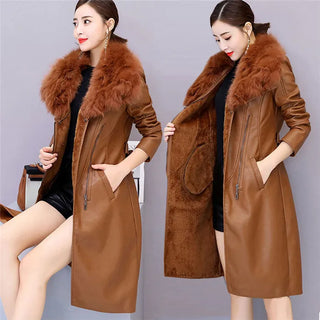 Long Leather Coat Female Outerwear With Belt M-4XL