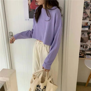 Candy Colors Loose Long Sleeve T-shirts Women Spring Daily Student All-match Casual Streetwear Short Style Tops Basic Undershirt