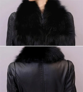 Women's Leather Velvet Warm Slim Big Fur Collar Long Leather Coat