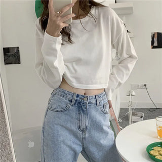 Candy Colors Loose Long Sleeve T-shirts Women Spring Daily Student All-match Casual Streetwear Short Style Tops Basic Undershirt