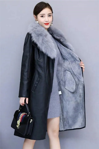 Women's Leather Velvet Warm Slim Big Fur Collar Long Leather Coat