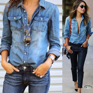 VS&LLWQ Women Fashion Blue Denim Shirts Women Girls Autumn Casual Long Sleeve Solid Blue Two Pockets Cotton Blend Tops 2020 New