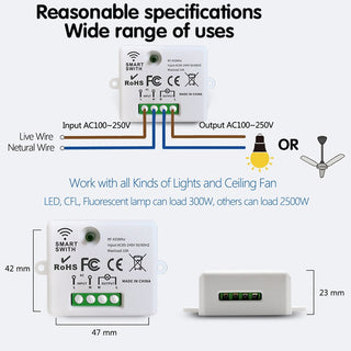 Interruptor intel·ligent sense fil 433Mhz RF 86 Interruptor de panell de paret amb comandament a distància Mini receptor de relé 220V Ventilador de llum LED per a la llar