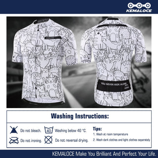 KEMALOCE Breathable Unisex White Cartoon Cat Cycling Jersey Spring Anti-Pilling Eco-Friendly Bike Clothing Top Road Team Bicycle