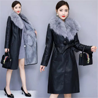 Women's Leather Velvet Warm Slim Big Fur Collar Long Leather Coat