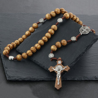 Fashion Style Handmade Fine Brown Catholic Jewelry Hand-woven Alloys Wooden Beads Cross Rosary Necklace Accessories Present