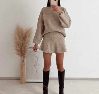 Khaki Loose Pullover Sweater Female set