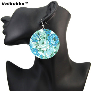 Voikukka Jewelry 6 CM Circle Floral Double-sided Printing Flowers Country Style Wooden Pendant Drop Fashion Earrings For Women