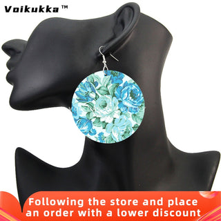 Voikukka Jewelry 6 CM Circle Floral Double-sided Printing Flowers Country Style Wooden Pendant Drop Fashion Earrings For Women