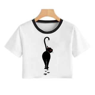 Moda d'estiu Harajuku Sexy Tank Top Crop Top Samarreta blanca Roba de dona de gat negre entremaliat de màniga curta de dibuixos animats