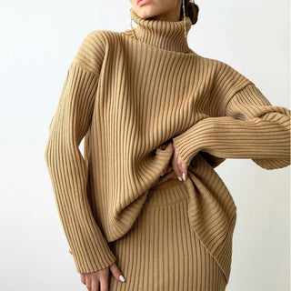 New Casual Two Pieces Turtle Neck Sweater and Midi Skirt Female Warm Suits with Skirt