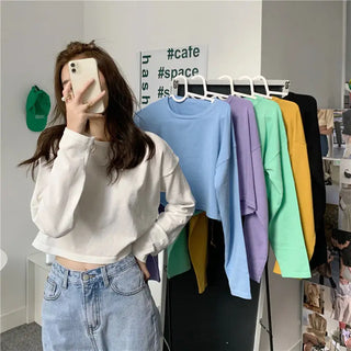 Candy Colors Loose Long Sleeve T-shirts Women Spring Daily Student All-match Casual Streetwear Short Style Tops Basic Undershirt