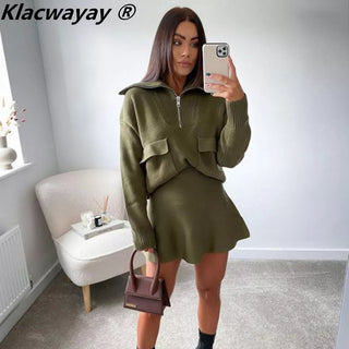 Knitted Skirt Suits For Women Two Piece Set Women-Waisted Mini Skirt