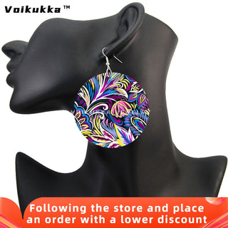 Voikukka Jewelry 6 CM Circle Floral Double-sided Printing Flowers Country Style Wooden Pendant Drop Fashion Earrings For Women