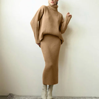 New Casual Two Pieces Turtle Neck Sweater and Midi Skirt Female Warm Suits with Skirt