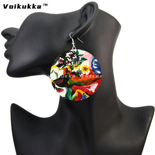 Voikukka Jewelry 6 CM Circle Floral Double-sided Printing Flowers Country Style Wooden Pendant Drop Fashion Earrings For Women