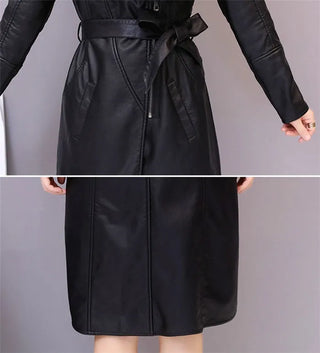 Long Leather Coat Female Outerwear With Belt M-4XL