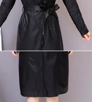 Women's Leather Velvet Warm Slim Big Fur Collar Long Leather Coat