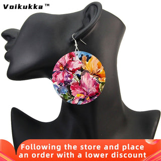 Voikukka Jewelry 6 CM Circle Floral Double-sided Printing Flowers Country Style Wooden Pendant Drop Fashion Earrings For Women