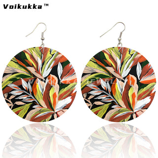 Voikukka Jewelry 6 CM Circle Floral Double-sided Printing Flowers Country Style Wooden Pendant Drop Fashion Earrings For Women