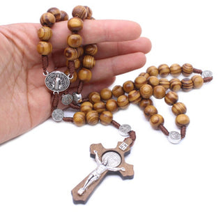 Fashion Style Handmade Fine Brown Catholic Jewelry Hand-woven Alloys Wooden Beads Cross Rosary Necklace Accessories Present