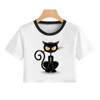 Moda d'estiu Harajuku Sexy Tank Top Crop Top Samarreta blanca Roba de dona de gat negre entremaliat de màniga curta de dibuixos animats