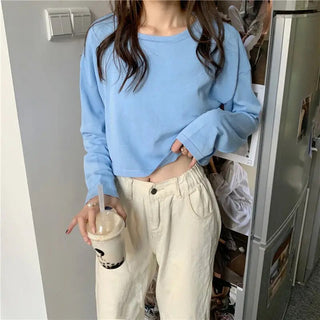 Candy Colors Loose Long Sleeve T-shirts Women Spring Daily Student All-match Casual Streetwear Short Style Tops Basic Undershirt