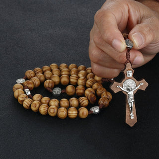 Fashion Style Handmade Fine Brown Catholic Jewelry Hand-woven Alloys Wooden Beads Cross Rosary Necklace Accessories Present