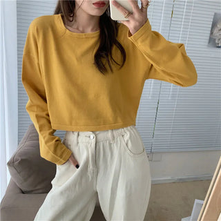 Candy Colors Loose Long Sleeve T-shirts Women Spring Daily Student All-match Casual Streetwear Short Style Tops Basic Undershirt