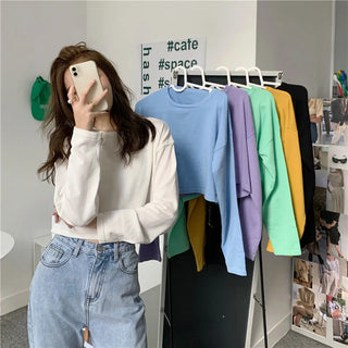 Candy Colors Loose Long Sleeve T-shirts Women Spring Daily Student All-match Casual Streetwear Short Style Tops Basic Undershirt