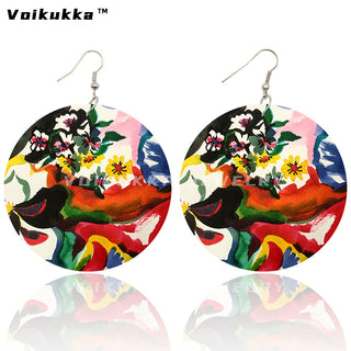 Voikukka Jewelry 6 CM Circle Floral Double-sided Printing Flowers Country Style Wooden Pendant Drop Fashion Earrings For Women