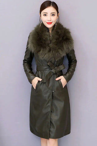 Women's Leather Velvet Warm Slim Big Fur Collar Long Leather Coat