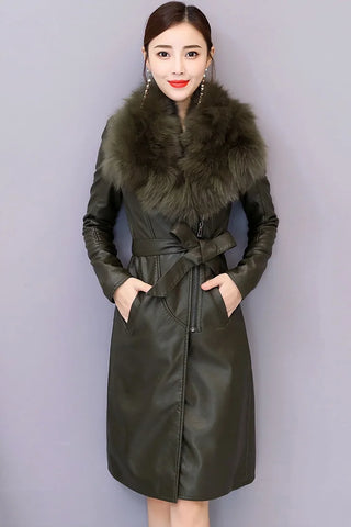 Long Leather Coat Female Outerwear With Belt M-4XL