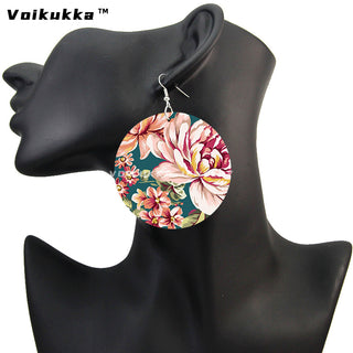 Voikukka Jewelry 6 CM Circle Floral Double-sided Printing Flowers Country Style Wooden Pendant Drop Fashion Earrings For Women