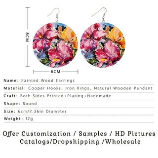 Voikukka Jewelry 6 CM Circle Floral Double-sided Printing Flowers Country Style Wooden Pendant Drop Fashion Earrings For Women